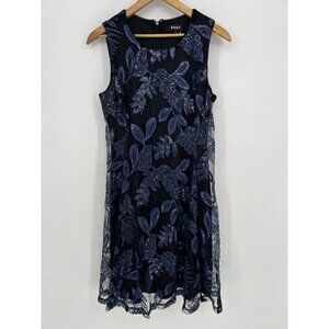DKNY Black Blue Dress Sequin Leaves Lace Mesh Overlay‎ Cocktail Party Dress 10